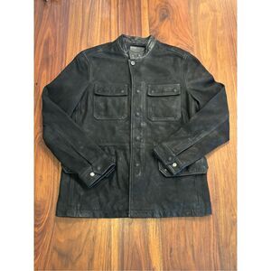 AllSaints Men’s Black Forter Tab Collar Leather Long Sleeve Jacket Size Medium